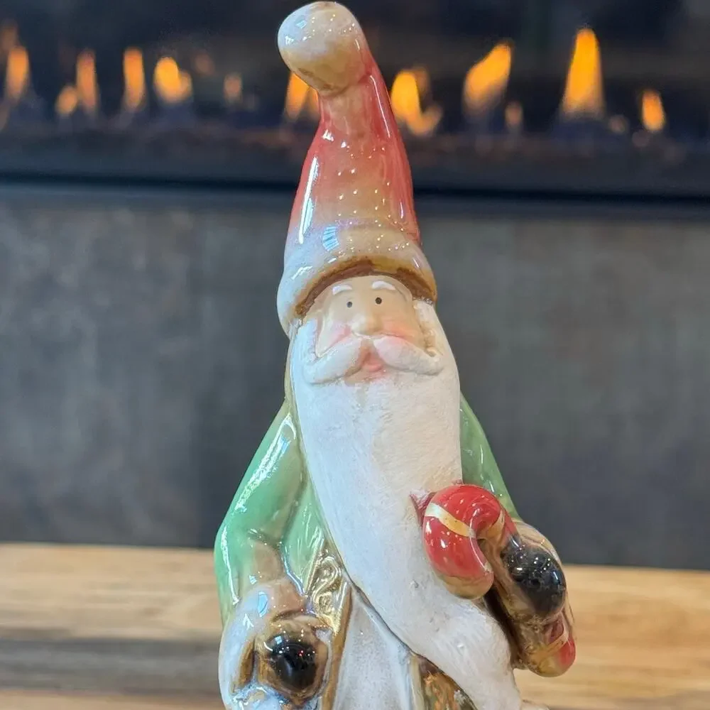 Old World Style Glazed Ceramic Santa Claus Figurine Cardinal Bird Green Robe 8